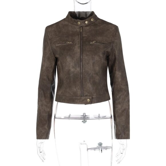 Brown Grunge Biker Jacket Stud Collar - Picture 2 of 9